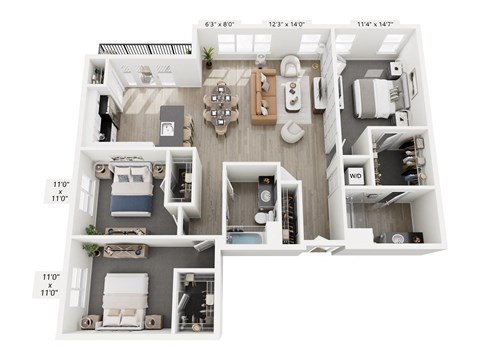 The Pivot floor plan at Contrast OTR in Cincinnati’s Over-the-Rhine is a three-bedroom, two-bath with open layout, ample storage, and in-unit laundry—ideal for modern living near TQL Stadium.